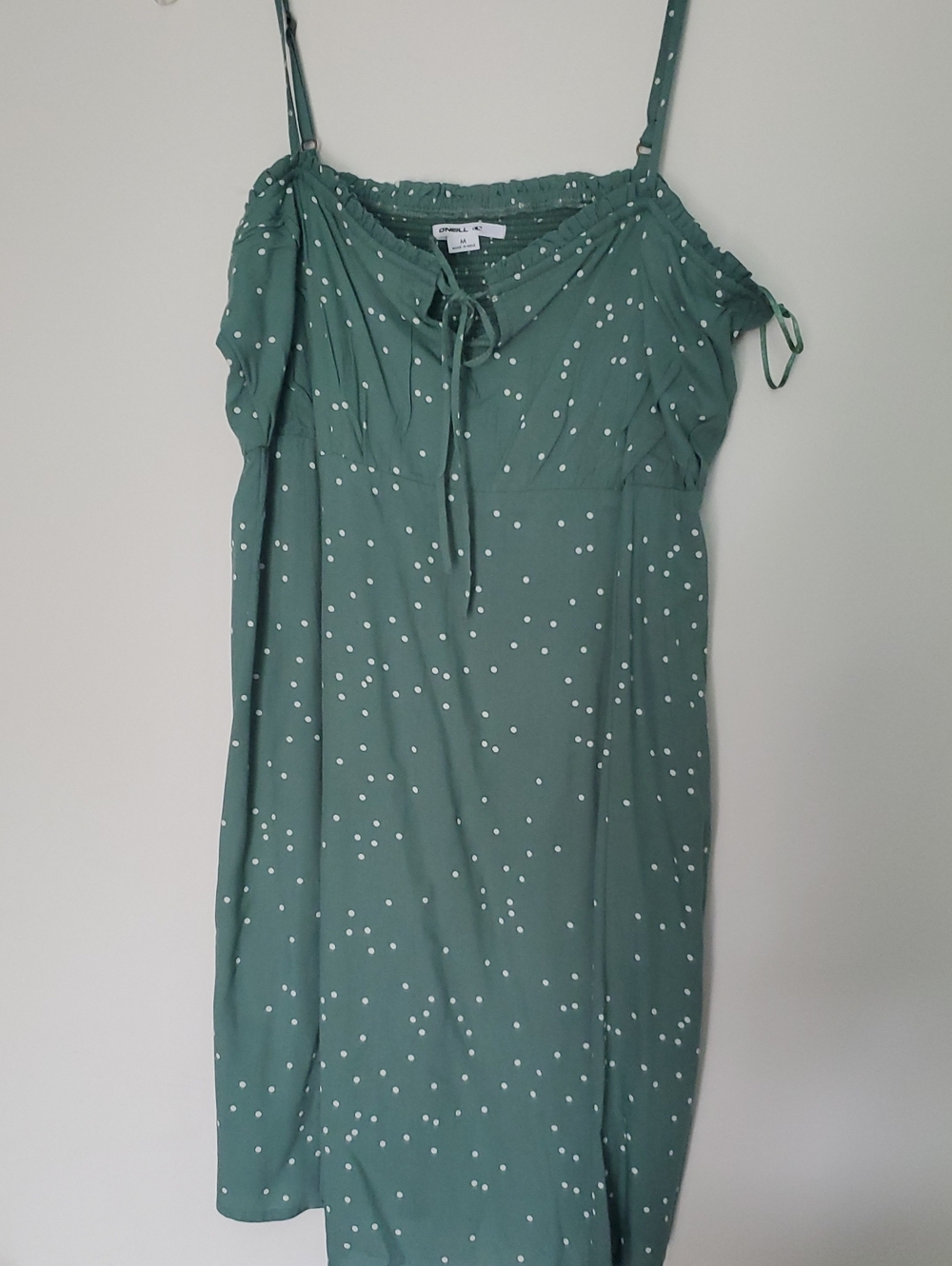 O'Neill Sage Green One-Shoulder Polka Dot Dress with Tie